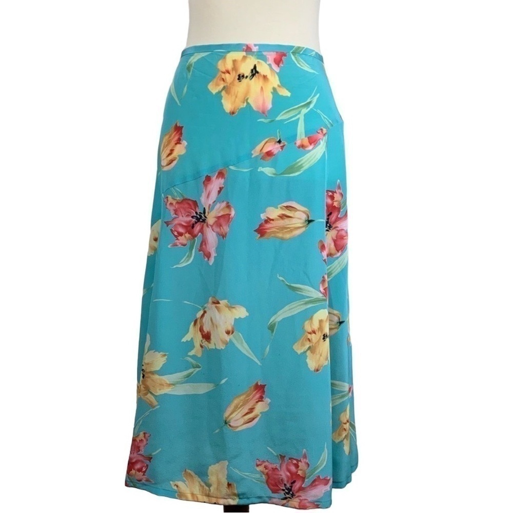 Evan Picone Women’s Vibrant Multicolor Turquoise 100% Silk Floral Midi Skirt 8